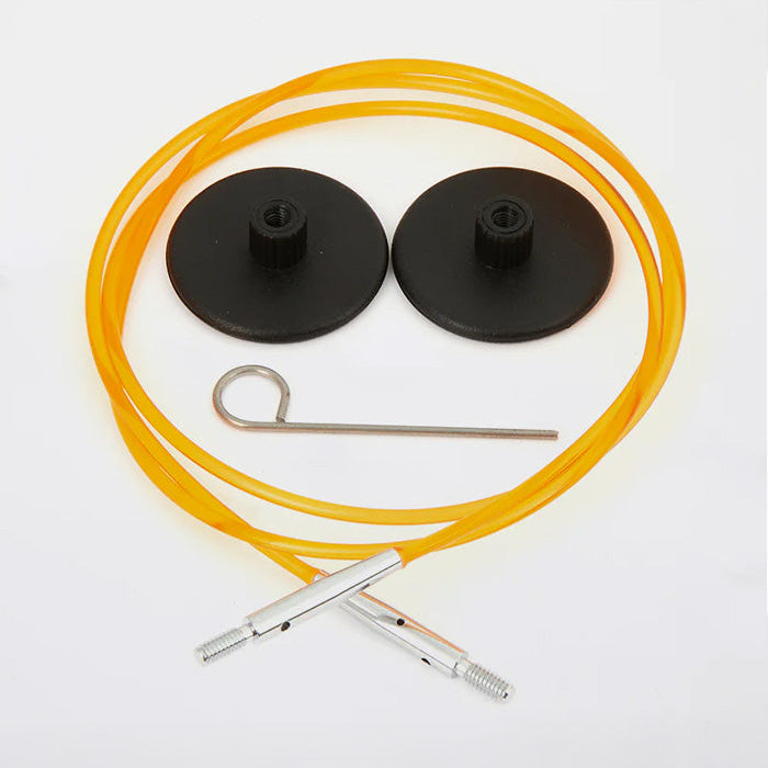 A pair of orange and black knitting cables with a screw, designed for KnitPro interchangeable tips and crochet hooks.