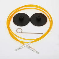 A pair of orange and black knitting cables with a screw, designed for KnitPro interchangeable tips and crochet hooks.