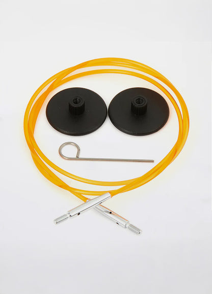 A pair of orange and black knitting cables with a screw, designed for KnitPro interchangeable tips and crochet hooks.
