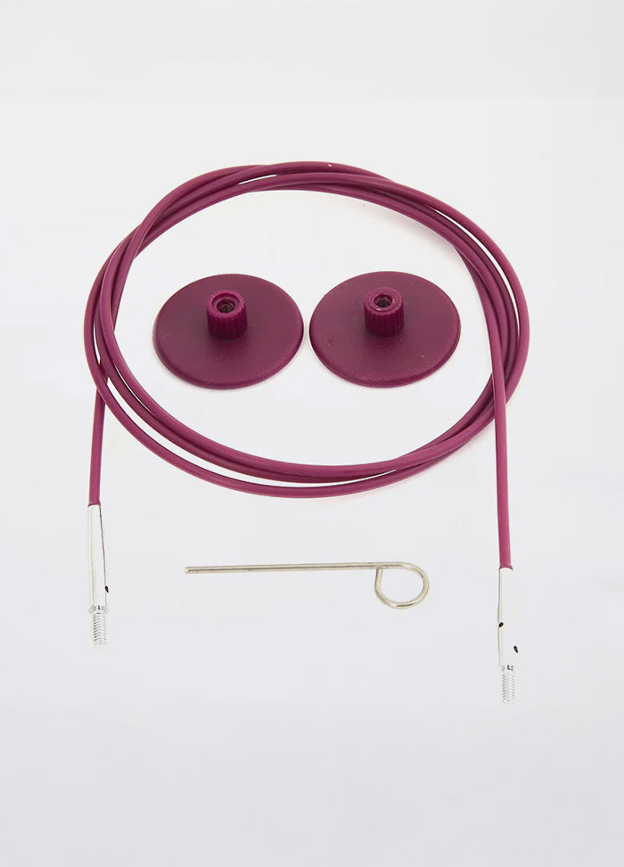 Purple  knitting cables with a screw, designed for KnitPro interchangeable tips and crochet hooks.