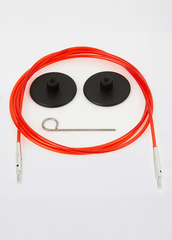 Interchangeable red and black cables with a screw, suitable for KnitPro tips, ensuring a secure connection for knitting.
