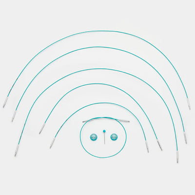 A set of teal knitting cables with a central circle, featuring a smooth coating and available in multiple lengths for easy knitting.