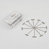 A set of 50 stainless steel T-pins in a clear box, designed for blocking projects and creating elegant lace edges.