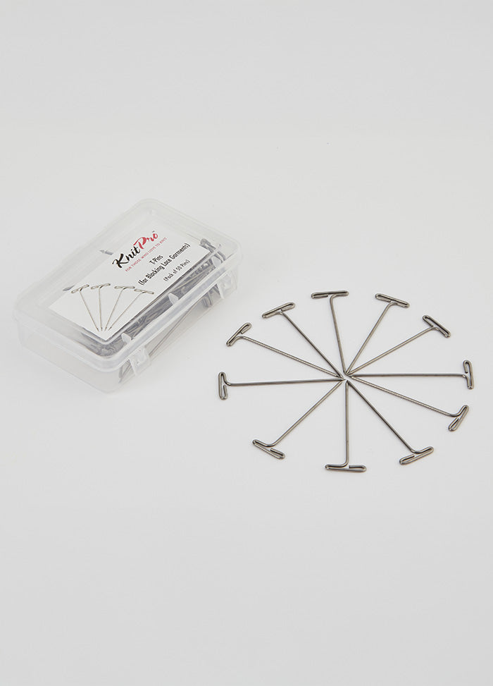 A set of 50 stainless steel T-pins in a clear box, designed for blocking projects and creating elegant lace edges.