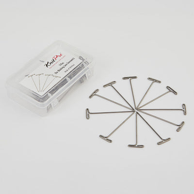 A set of 50 stainless steel T-pins in a clear box, designed for blocking projects and creating elegant lace edges.