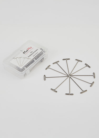 A set of 50 stainless steel T-pins in a clear box, designed for blocking projects and creating elegant lace edges.