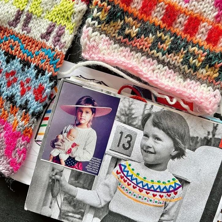 Image from “Knit It Out” featuring colorful knitted swatches with various patterns, alongside a printed page showing two children in vibrant knitted sweaters. The children’s faces are not visible.