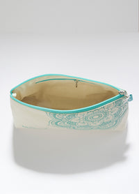 Project bag in white and turquoise with a blue zipper, includes a mandala charm, designed for small knitting projects.