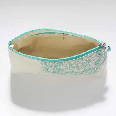 Project bag in white and turquoise with a blue zipper, includes a mandala charm, designed for small knitting projects.
