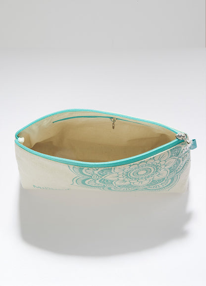 Project bag in white and turquoise with a blue zipper, includes a mandala charm, designed for small knitting projects.