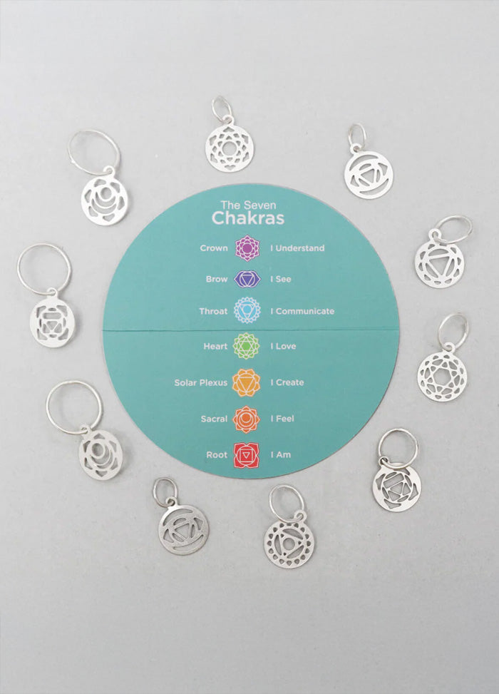 A circle featuring seven chakra symbols, crafted in sterling silver plating with a satin finish, symbolizing mindfulness.
