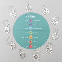 A circle featuring seven chakra symbols, crafted in sterling silver plating with a satin finish, symbolizing mindfulness.