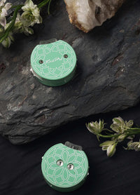 Two green tea row counters adorned with flowers, part of a teal knitting tool case featuring a mandala design and easy-to-read numbers