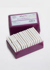 A purple box with white knitblockers, featuring 20 knit blockers for maintaining tension in knit and crochet projects.