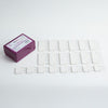 A white plastic tray containing 20 knit blockers with durable pins, designed for securing and maintaining tension in knit projects.