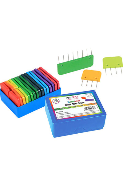 A colorful set of 20 plastic knit blockers in a box, featuring sharp stainless steel pins for blocking knit and crochet pieces.