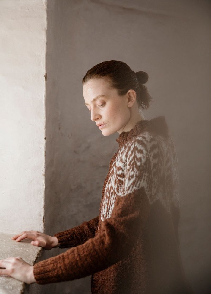 Raudan Synty: brown cardigan with white patterned yoke, photographed against a light-colored wall.