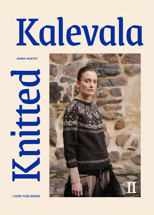 Kalevala Knitted: front cover featuring a person in an intricately patterned sweater standing before a stone wall, with title and author details displayed.