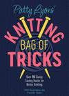 Book cover featuring bold typography with the title 'Patty Lyons' Knitting Bag of Tricks' in pink and yellow, set against a navy blue background. The design includes two yellow knitting needles crossing over a ball of yarn, with a playful and modern aesthetic.