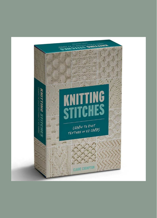 Box cover of “Knitting Stitches” by Claire Crompton, subtitled “Learn to Knit Texture in 52 Cards.” Features a variety of knitted textures displayed on the front and side panels, highlighting the deck’s focus on stitch techniques.