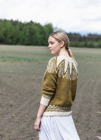 Kultaneito Sweater: brown knit with white geometric motifs on the shoulders, cuffs, and hem, styled with a white skirt in an open field.