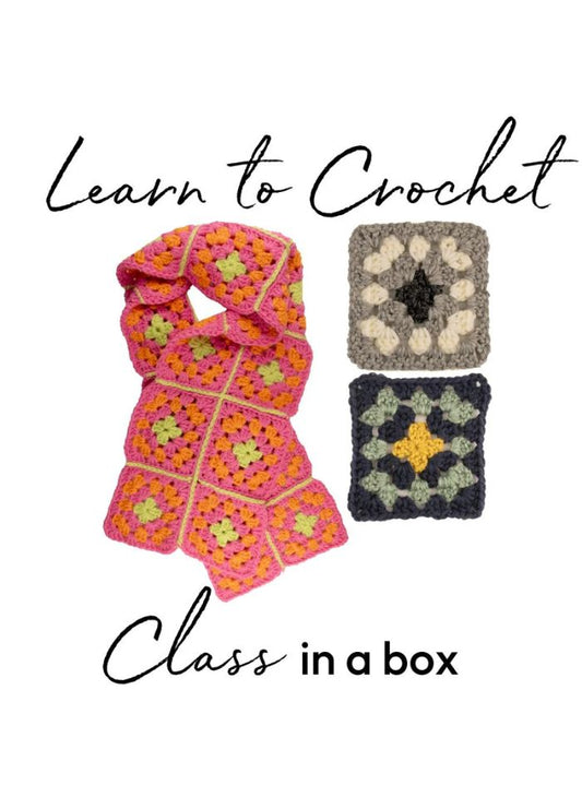 A crochet learning kit in a box, designed for beginners with all necessary materials and instructions included.