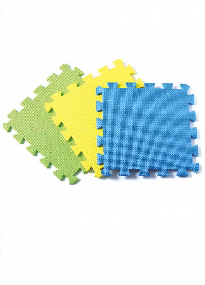 Three assorted colored foam puzzle pieces, ideal for assembling blocking mats, each piece measures 30cm x 30cm.