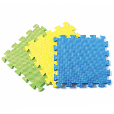 Three assorted colored foam puzzle pieces, ideal for assembling blocking mats, each piece measures 30cm x 30cm.