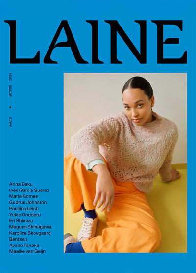 Blurred portrait of a person in an orange outfit and light sweater against a blue background, with contributor names listed.