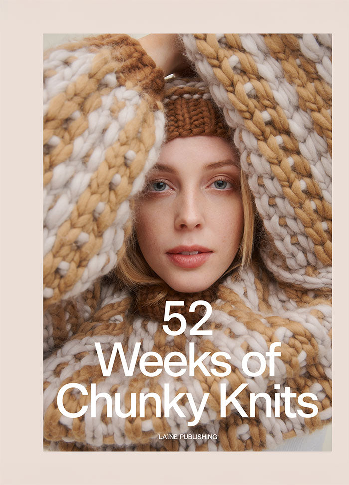 52 Weeks of Chunky Knits: close-up of a chunky brown and white knit sweater worn by a model, with title text overlayed.