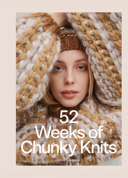 52 Weeks of Chunky Knits: close-up of a chunky brown and white knit sweater worn by a model, with title text overlayed.