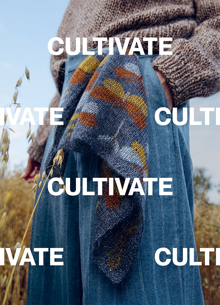 Cultivate': Front cover featuring a close-up of a person in a knitted sweater and scarf, set against a grassy outdoor background.