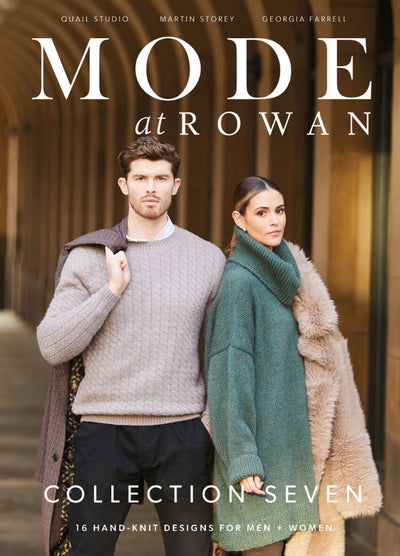 A man and woman modeling hand-knit sweaters in an urban setting, with warm, elegant tones. The man wears a gray sweater, the woman wears teal with a fur coat. Text: "MODE at ROWAN COLLECTION SEVEN."