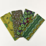 Four fabric swatches with green and brown patterns on a white background