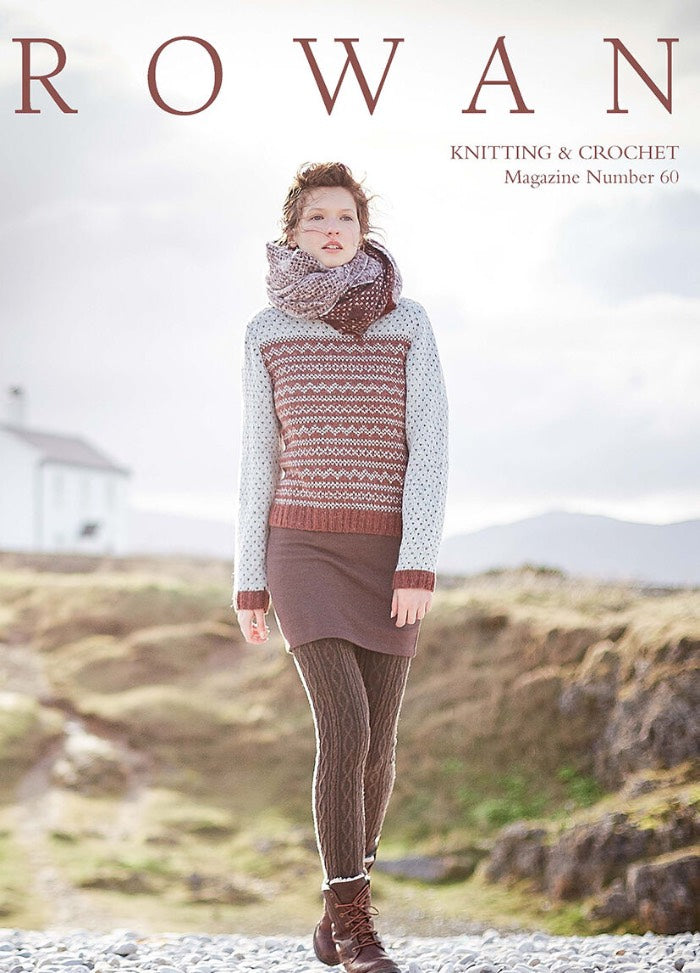 Rowan Magazine 60 showcasing knitting and crochet designs with vibrant yarn and creative patterns.