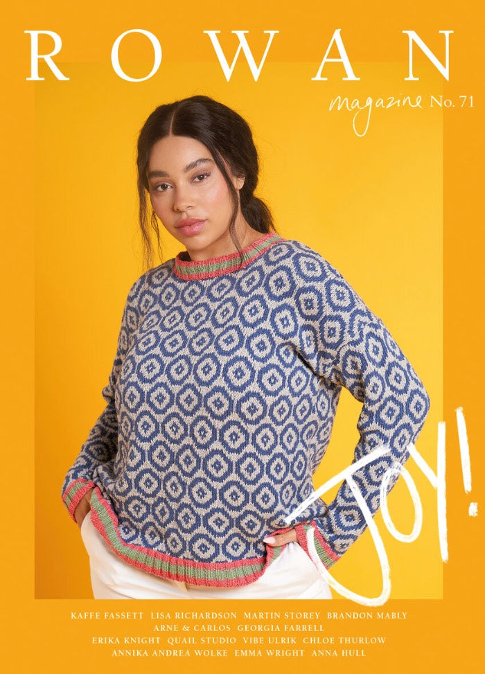 Rowan Magazine No. 71 cover showcasing the theme of joy, illustrated with colorful graphics and engaging typography.