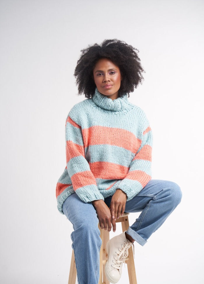 Mellow pullover pattern, a relaxed-fit knit with wide sleeves and gentle shaping, made with Rowan Big Wool for comfort.