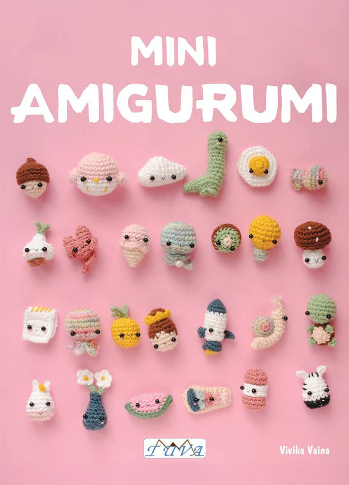Cover of Mini Amigurumi: 62 Tiny Amigurumi Designs to Crochet by Paraskevi Vainopoulou (Vivika Vaina), featuring a vibrant collage of small crocheted characters in various pastel and bright hues, arranged attractively against a clean, light background, with the title prominently set in playful yet legible typography.