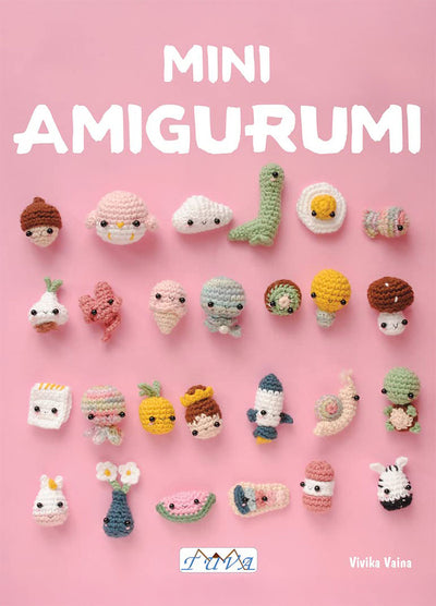 Cover of Mini Amigurumi: 62 Tiny Amigurumi Designs to Crochet by Paraskevi Vainopoulou (Vivika Vaina), featuring a vibrant collage of small crocheted characters in various pastel and bright hues, arranged attractively against a clean, light background, with the title prominently set in playful yet legible typography.