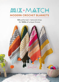 Cover of Mix + Match Modern Crochet Blankets showing five folded striped crochet blankets in varied vibrant colors and textures, each hanging at a slight angle against a simple white background, with the title prominently placed above them.