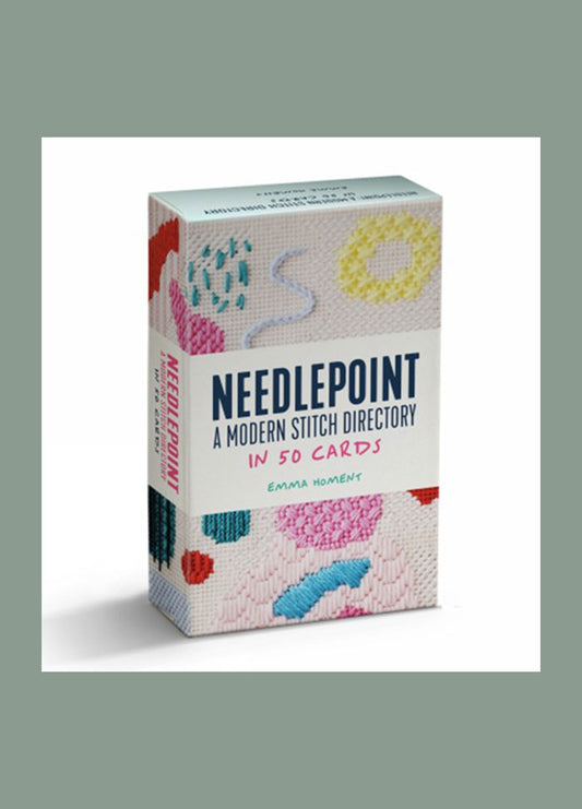 Cover of the Needlepoint Stitches Card Deck, featuring a neatly arranged grid of 50 colorful cards, each displaying a different needlepoint stitch. The cards are housed in a compact, decorative box with the title prominently displayed at the top.