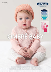 A baby wearing a peach knit hat and pink vest sits on a white blanket. Text reads "Ombré Baby." Yarn samples and knitwear images are on the right.