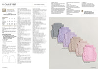 A set of six knitted baby vests in pastel colours, labeled with yarn names like “Silver” and “Sweet Pink.” Accompanying text with knitting instructions.