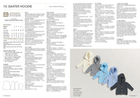 Image showing a knitting pattern for a "Garter Hoodie." Five small hoodies in cream, grey, blue, and dark grey are neatly aligned. Pattern details on the left.