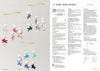 A mobile with small knitted teddy bears in pastel colours, hanging from wooden rings against a plain background. Instructions are blurred on the right. Keywords: knitting, mobile, teddy bears.