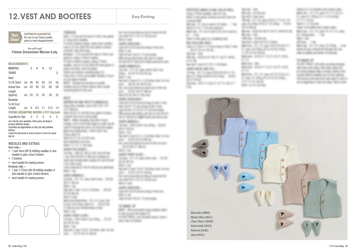 Knitting pattern featuring five small vests and matching bootees in soft pastel colours: beige, blue, and cream. Text instructions on left.