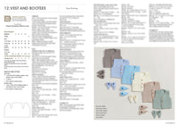 Knitting pattern featuring five small vests and matching bootees in soft pastel colours: beige, blue, and cream. Text instructions on left.