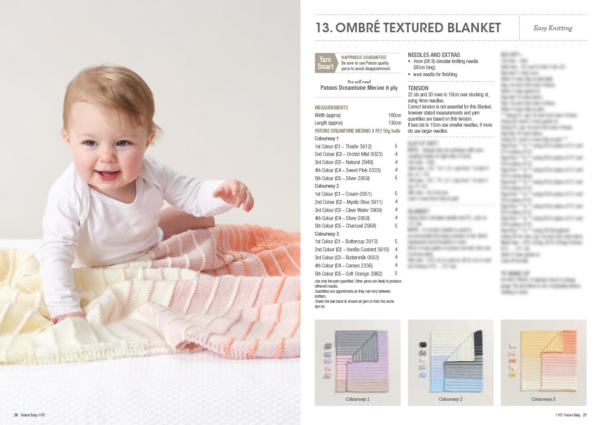A happy baby in a white outfit sits on a pastel ombré knit blanket, transitioning from white to pink. The right side shows knitting instructions.