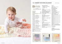 A happy baby in a white outfit sits on a pastel ombré knit blanket, transitioning from white to pink. The right side shows knitting instructions.