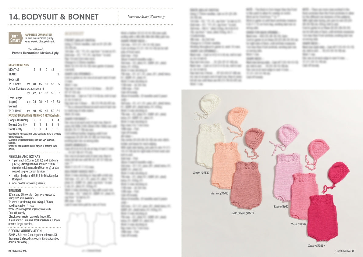 A knitting pattern page titled "Bodysuit & Bonnet" features intermediate-level instructions. On the right, there are six knitted baby bodysuits and bonnets in cream, apricot, rose, and pink shades. The layout is visually organised and colourful, conveying a soft, cozy, and delicate tone.